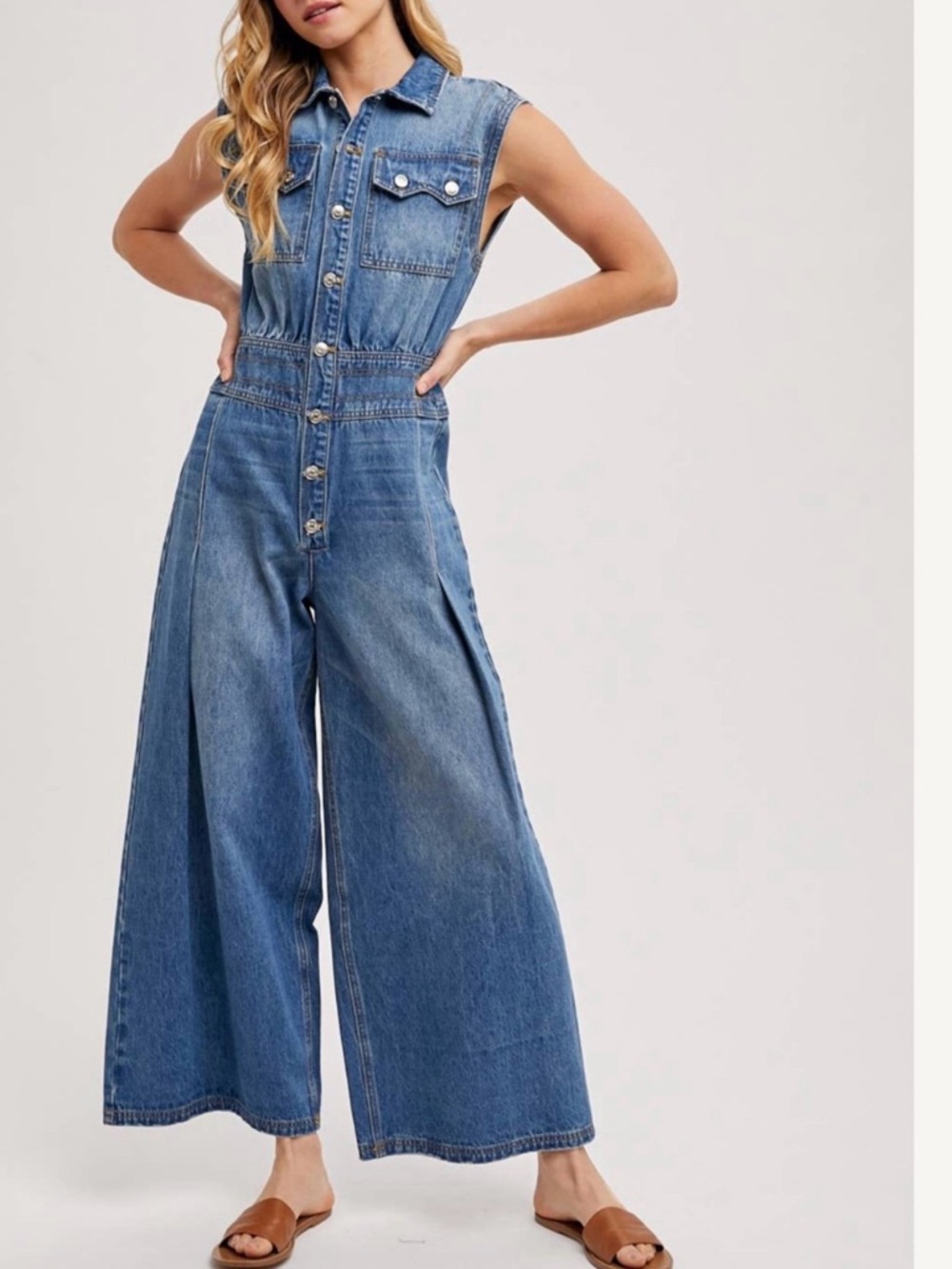 Bluivy Sleeveless Wide-Leg Denim Overalls - Blue
